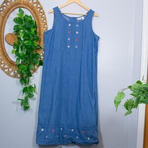 Vintage Denim Maxi Dress Embroidered Daisies Cottage Folk | True Summer